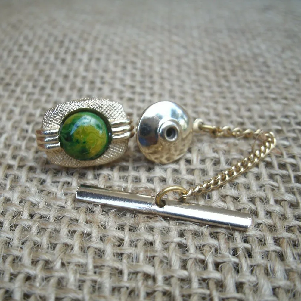 Vintage Swank Tie Tack & Cufflink Set Green & Gold